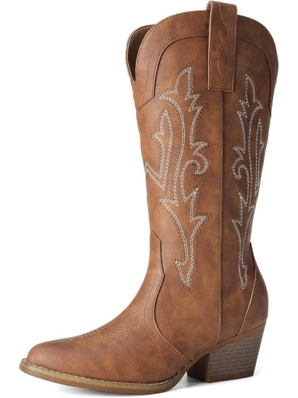 DREAM PAIRS Women's Brown-Pu Cowgirl Mid Calf Boots Pointed Toe Chunky Heels